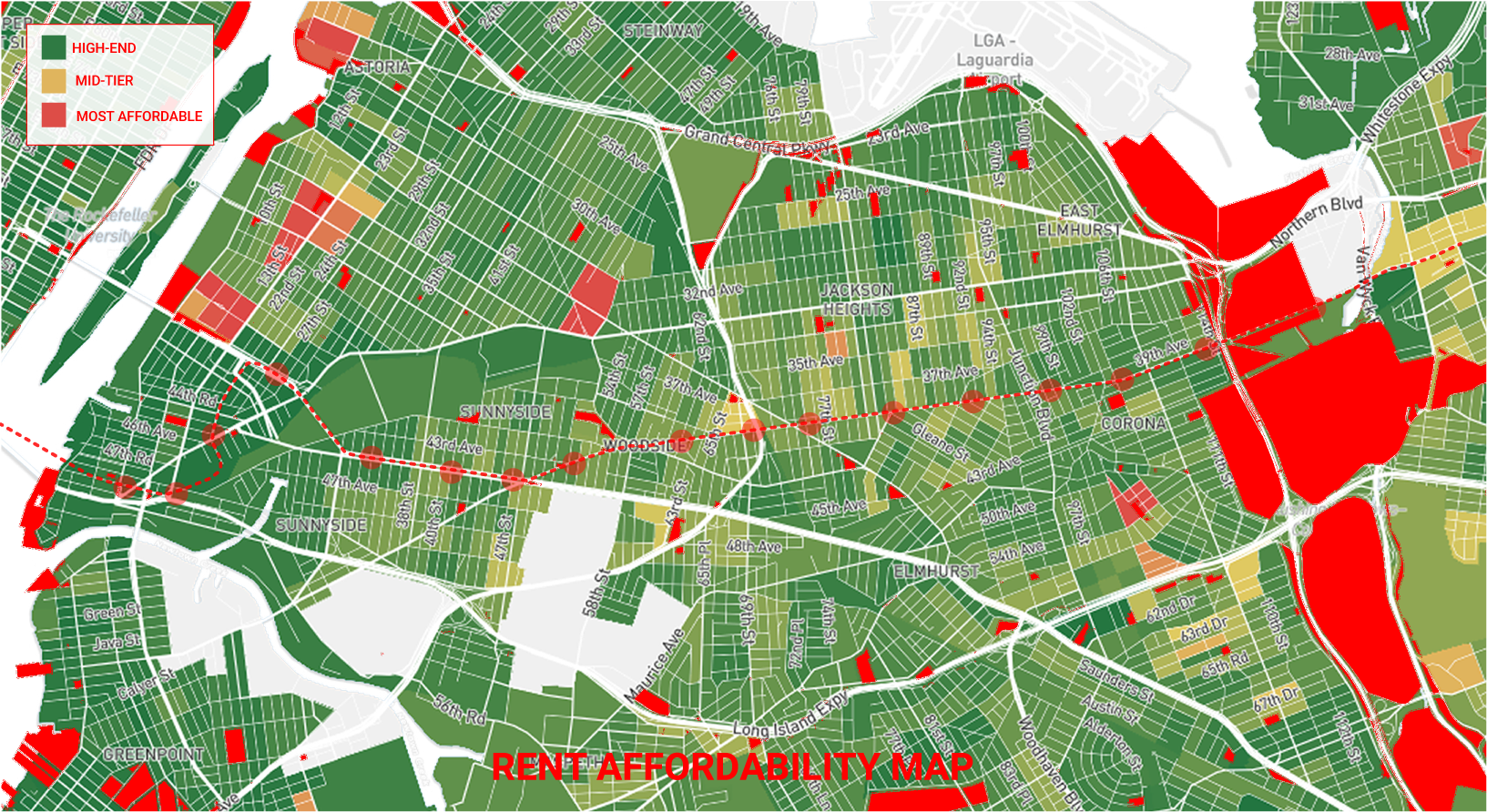 "Map of Rent Affordability in Queens Along the 7 Line"